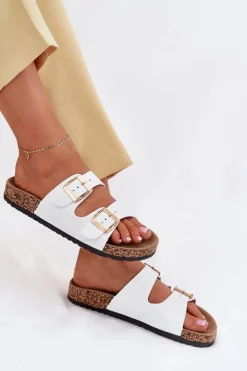 Klapki Damskie Z Klamrami Z Eko Skóry Białe Iskira