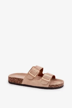 Klapki Damskie Z Klamrami Na Korkowej Podeszwie Beżowe Sercele