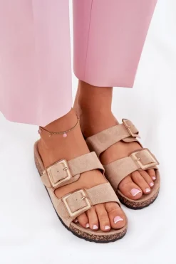 Klapki Damskie Z Klamrami Na Korkowej Podeszwie Beżowe Sercele