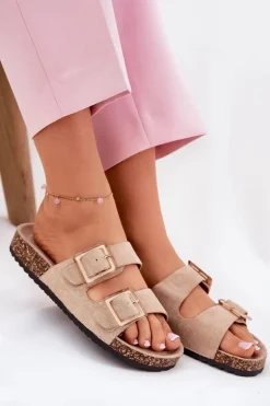 Klapki Damskie Z Klamrami Na Korkowej Podeszwie Beżowe Sercele