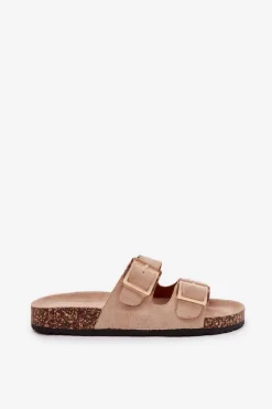 Klapki Damskie Z Klamrami Na Korkowej Podeszwie Beżowe Sercele