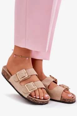 Klapki Damskie Z Klamrami Na Korkowej Podeszwie Beżowe Sercele