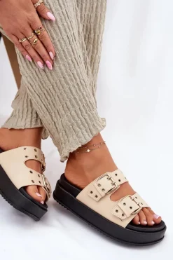 Klapki Damskie Z Klamrami Na Platformie Beżowe Nilatha