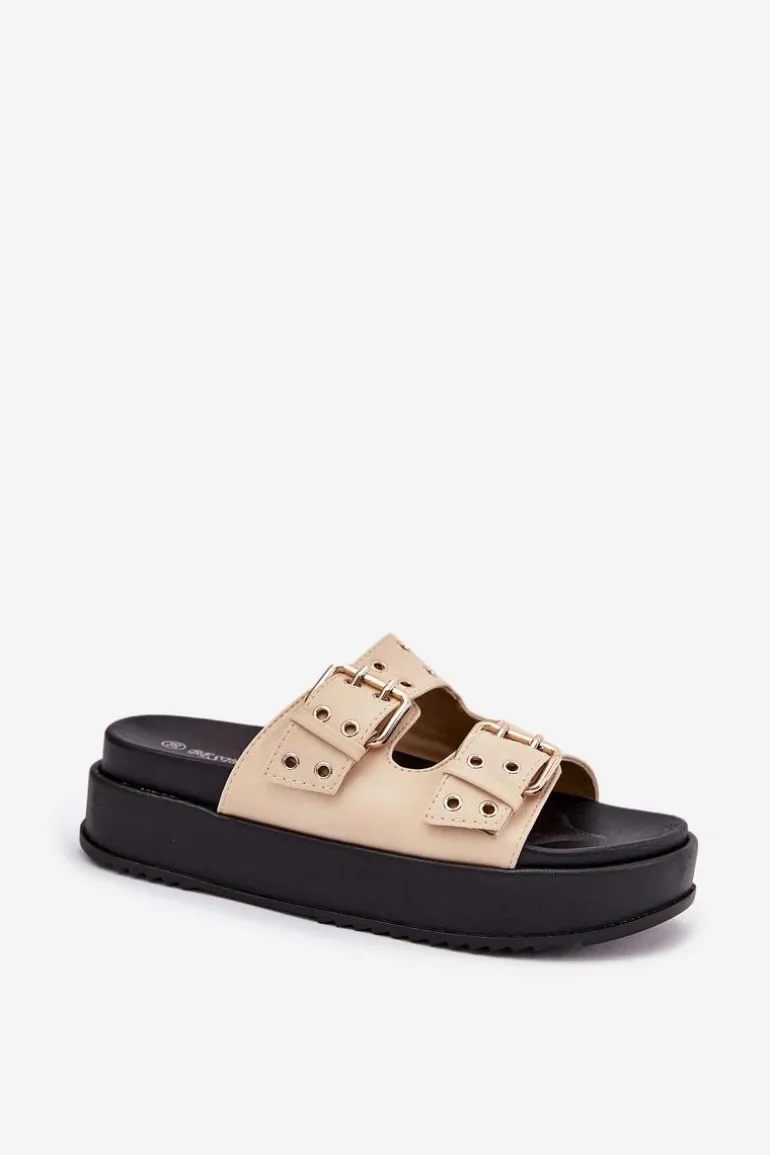 Klapki Damskie Z Klamrami Na Platformie Beżowe Nilatha