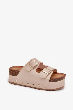 Klapki Damskie Z Klamrami Na Masywnej Platformie Beżowe Odisene