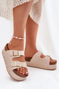 Klapki Damskie Z Klamrami Na Masywnej Platformie Beżowe Odisene