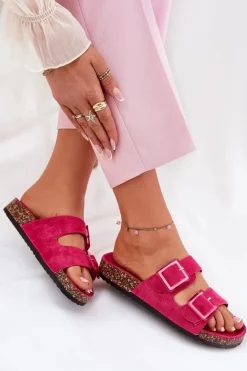 Klapki Damskie Z Klamrami Na Korkowej Podeszwie Fuksja Sercele