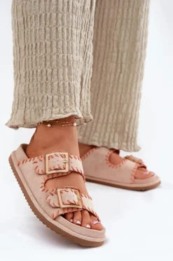 Klapki Damskie Z Klamrami I Ozdobnym Obszyciem Beżowe Visley