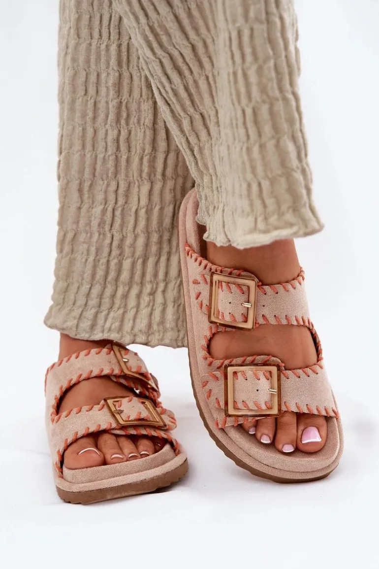 Klapki Damskie Z Klamrami I Ozdobnym Obszyciem Beżowe Visley