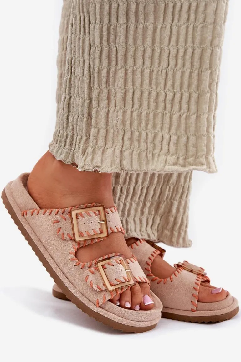 Klapki Damskie Z Klamrami I Ozdobnym Obszyciem Beżowe Visley