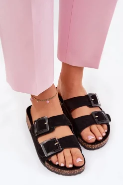 Klapki Damskie Z Klamrami Na Korkowej Podeszwie Czarne Sercele