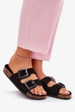 Klapki Damskie Z Klamrami Na Korkowej Podeszwie Czarne Sercele