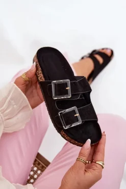 Klapki Damskie Z Klamrami Na Korkowej Podeszwie Czarne Sercele