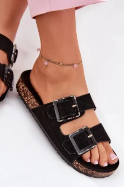 Klapki Damskie Z Klamrami Na Korkowej Podeszwie Czarne Sercele