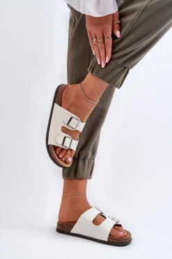 Klapki Damskie Z Klamrami Białe Oliena