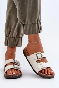 Klapki Damskie Z Klamrami Białe Oliena