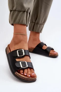 Klapki Damskie Z Klamrami Czarne Oliena