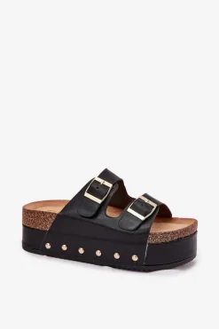 Klapki Damskie Z Klamrami Na Masywnej Platformie Czarne Odisene