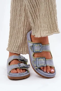 Klapki Damskie Z Klamrami I Ozdobnym Obszyciem Niebieskie Visley