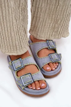 Klapki Damskie Z Klamrami I Ozdobnym Obszyciem Niebieskie Visley