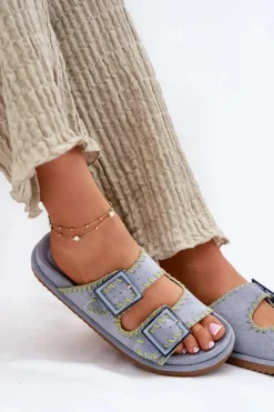 Klapki Damskie Z Klamrami I Ozdobnym Obszyciem Niebieskie Visley