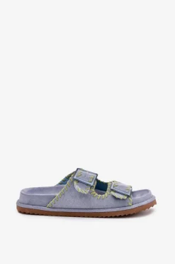 Klapki Damskie Z Klamrami I Ozdobnym Obszyciem Niebieskie Visley