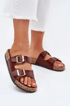 Klapki Damskie Z Klamrami Z Eko Skóry Brązowe Iskira