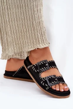 Klapki Damskie Z Klamrami I Ozdobnym Obszyciem Czarne Visley