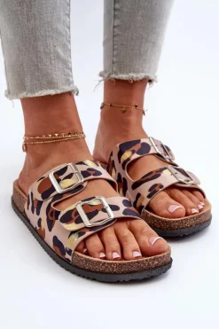 Klapki Damskie Z Klamrami Beżowo-Brązowe Oliena