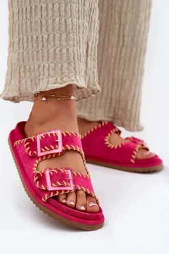 Klapki Damskie Z Klamrami I Ozdobnym Obszyciem Fuksja Visley