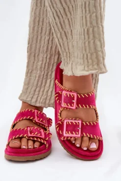 Klapki Damskie Z Klamrami I Ozdobnym Obszyciem Fuksja Visley