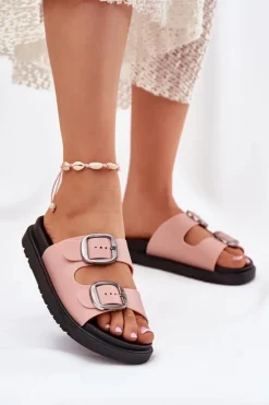 Klapki Damskie Z Klamrami Na Platformie Różowe Elamas