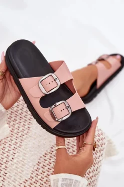 Klapki Damskie Z Klamrami Na Platformie Różowe Elamas