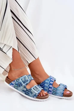 Klapki Damskie Z Klamrami I Brokatem S.Barski RB51-006 Niebieskie