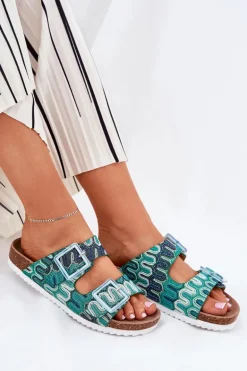 Klapki Damskie Z Klamrami I Brokatem S.Barski RB51-006 Zielone