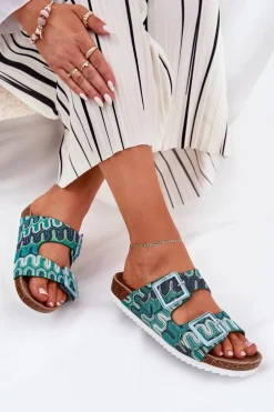 Klapki Damskie Z Klamrami I Brokatem S.Barski RB51-006 Zielone