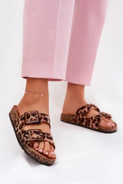 Klapki Damskie Z Klamrami Na Korkowej Podeszwie Panterka Brązowe Sercele