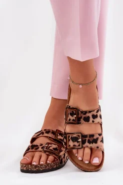 Klapki Damskie Z Klamrami Na Korkowej Podeszwie Panterka Brązowe Sercele