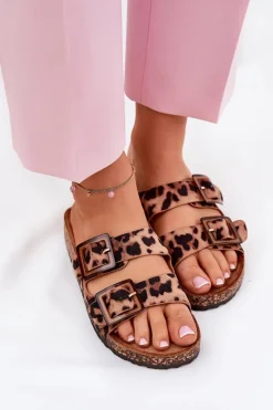 Klapki Damskie Z Klamrami Na Korkowej Podeszwie Panterka Brązowe Sercele