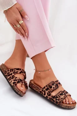 Klapki Damskie Z Klamrami Na Korkowej Podeszwie Panterka Brązowe Sercele