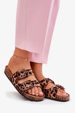 Klapki Damskie Z Klamrami Na Korkowej Podeszwie Panterka Brązowe Sercele