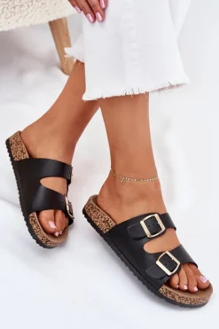 Klapki Damskie Z Klamrami Z Eko Skóry Czarne Iskira