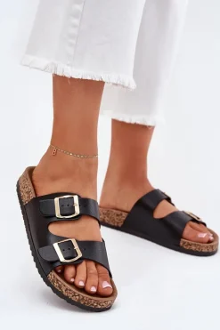 Klapki Damskie Z Klamrami Z Eko Skóry Czarne Iskira