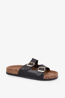 Klapki Damskie Z Klamrami Z Eko Skóry Czarne Iskira