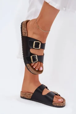 Klapki Damskie Z Klamrami Z Eko Skóry Czarne Iskira