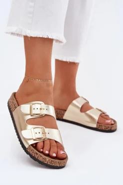 Klapki Damskie Z Klamrami Z Eko Skóry Złote Iskira