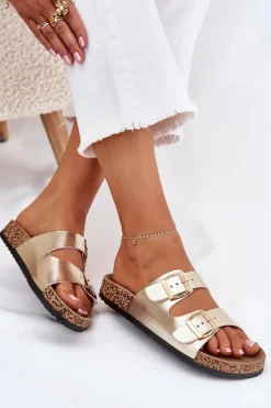 Klapki Damskie Z Klamrami Z Eko Skóry Złote Iskira