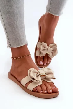 Klapki Damskie Z Kokardą Beżowe Rivarina