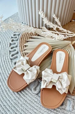 Klapki Damskie Z Kokardą Beżowe Rivarina