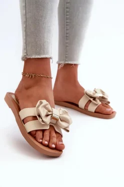 Klapki Damskie Z Kokardą Beżowe Rivarina